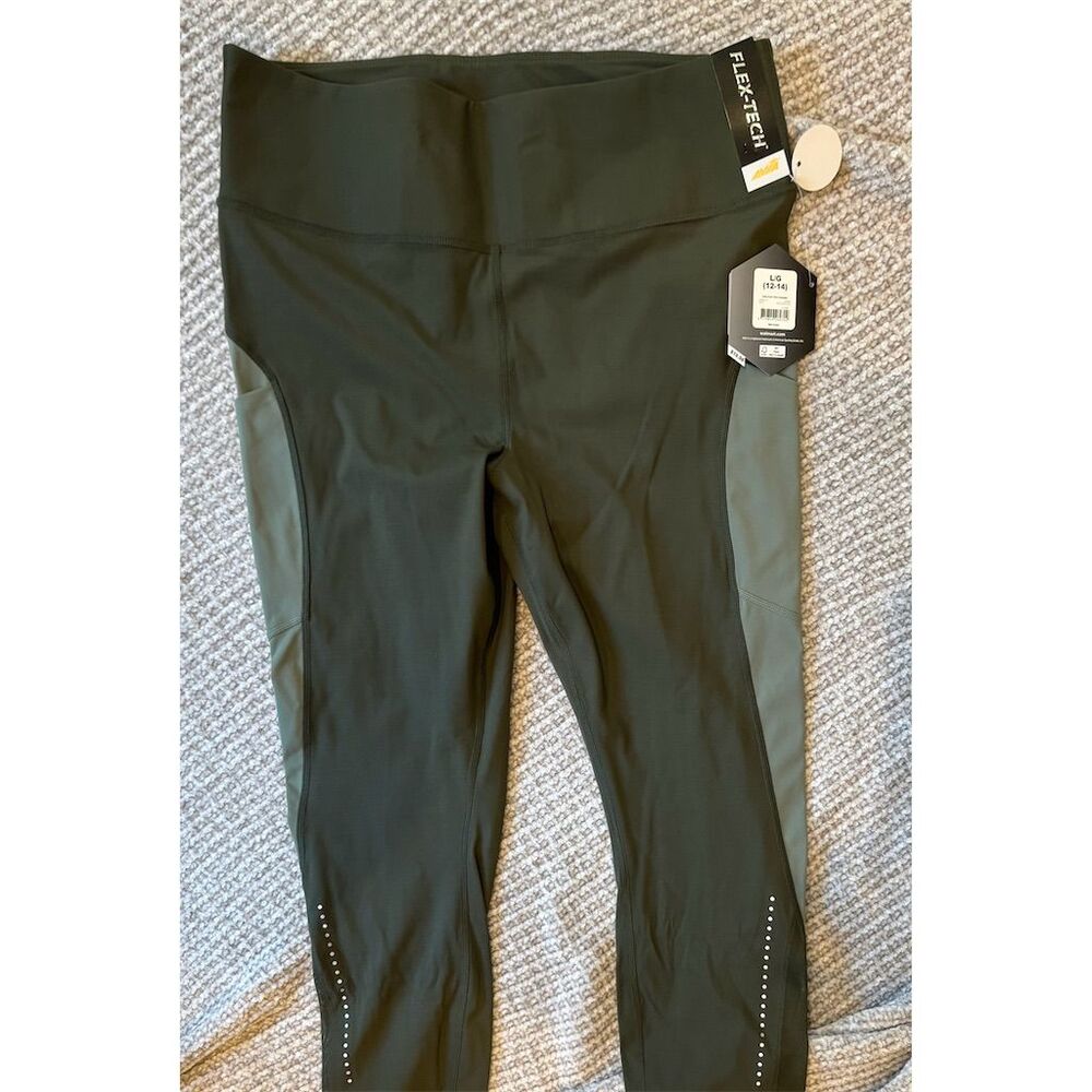 Avia Women's High Rise Flex Tech Leggings Green Color Block Stretch L 7/8 Length